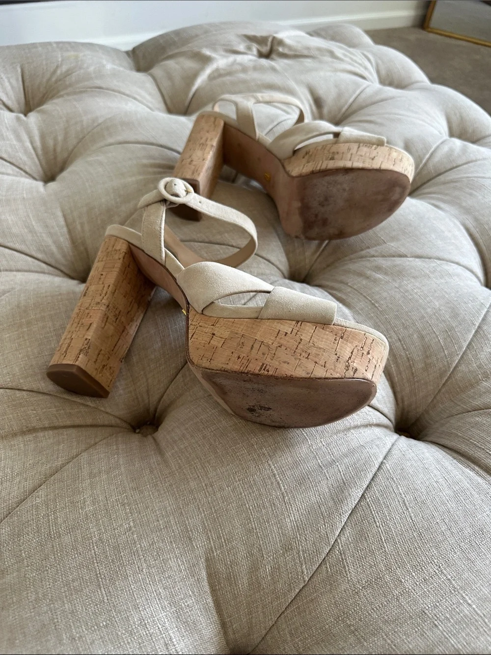 Veronica Beard Cream Suede Cork Platform Sandals